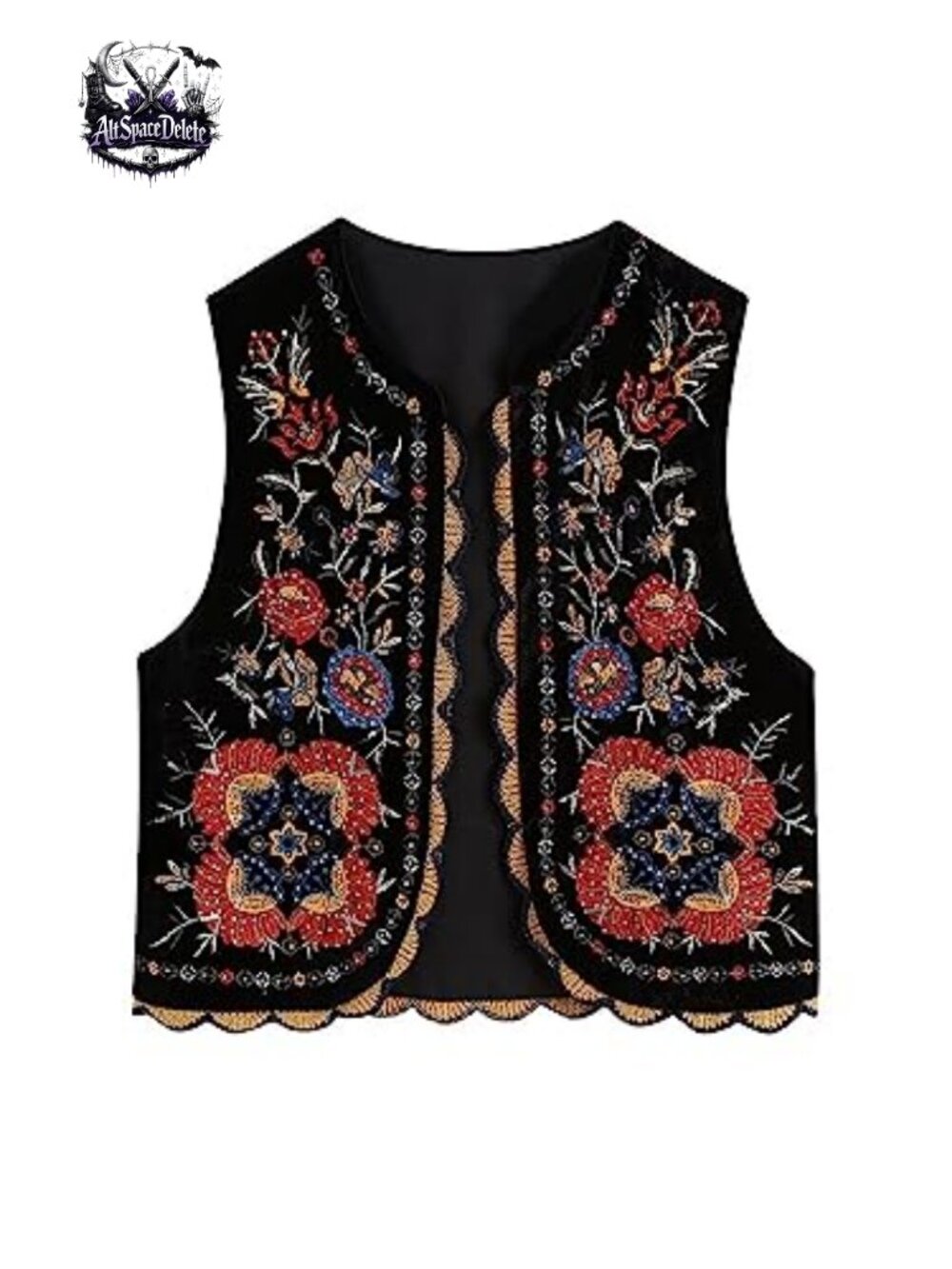 Vintage Floral Embroidery Sleeveless V Neck Cropped Open Front Vest Cardigan